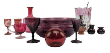 COLLECTION OF VICTORIAN & LATER CRANBERRY AND AMETHYST GLASS