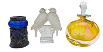 THREE PIECES OF DECORATIVE GLASSWARE - GOEBEL PAPERWEIGHT, ADAM HARRIS PERFUME BOTTLE, & INKWELL