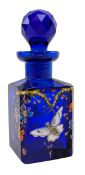 MID 19TH CENTURY HAND PAINTED ENAMEL BRISTOL BLUE GLASS PERFUME BOTTLE & STOPPER