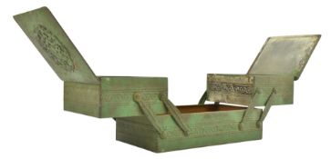 20TH CENTURY GREEN PAINTED TIN TABLE TOP JEWELLERY / SEWING CANTILEVER BOX