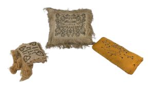 TWO VICTORIAN CHRISTENING PIN CUSHIONS T/W ANOTHER