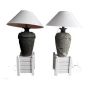 TWO LARGE 19TH CENTURY EARTHENWARE FISH LAMPS