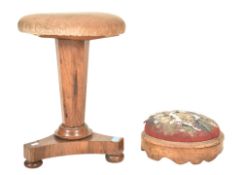 A 19TH CENTURY ROSEWOOD PIANO STOOL & WALNUT FOOTSTOOL