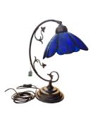TIFFANY MANNER BLUE LEADED GLASS TABLE LAMP