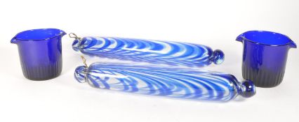 TWO 19TH CENTURY NAILSEA GLASS ROLLING PINS AND COBALT BLUE GLASSES