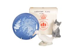 20TH CENTURY ROYAL COPENHAGEN PORCELAIN PLATE, CAT AND DUCK FIGURE