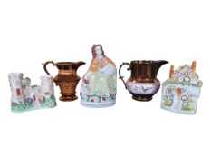 COLLECTION OF 19TH CENTURY STAFFORDSHIRE FIGURES & TWO LUSTRE JUGS