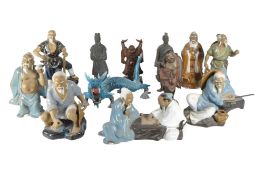 SIX CHINESE MUDMEN WITH TERRACOTTA WARRIORS & OTHER FIGURES