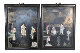 TWO CHINESE 19TH CENTURY BLACK LACQUERED PANELS W/ PORCELAIN FIGURES