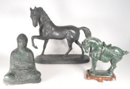 TANG HORSE ALONG WITH SCULPTED LARGE PRANCING HORSE AND BUDDHA