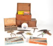 BOX OF COLLECTIBLES INCL KEYS, ROLLS RAZORS & CORK SCREWS