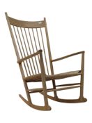 BRITISH MODERN DESIGN - 20TH CENTURY RUSH BLONDE WOOD ROCKING ARMCHAIR