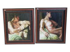 MIKKI FERRUGIARO, BRITISH - TWO SEMI NUDE OIL ON CANVAS PAINTINGS