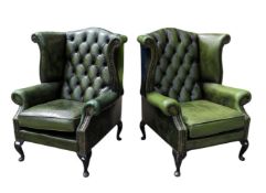 PAIR OF GREEN LEATHER CHESTERFIELD ARMCHAIRS