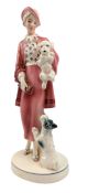 KATZHUTTE HERTWIG & CO. - ART DECO PORCELAIN CABINET FIGURINE OF A LADY WITH DOGS