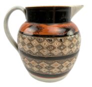 19TH CENTURY MOCHA WARE GLAZED CERAMIC AGATE WARE PITCHER JUG