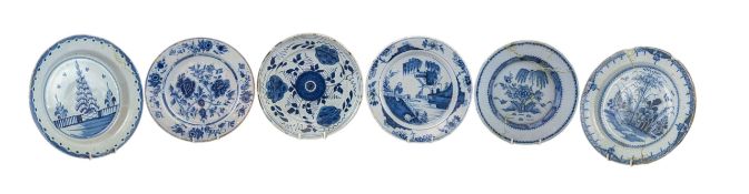 COLLECTION OF SIX 18TH CENTURY DELFTWARE BLUE & WHITE CERAMIC EXPORT PLATES