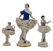 THREE GERMAN EARLY 20TH CENTURY LACE PORCELAIN BALLERINAS FIGURINES