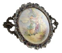 LATE 19TH CENTURY FRENCH CHAMPLEVE ENAMELLED & PORCELAIN PLATE