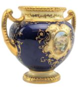 COALPORT - EARLY 20TH CENTURY PORCELAIN TWIN HANDLED CENTREPIECE VASE WITH PAINTED SCENE