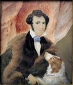ENGLISH 19TH CENTURY WATERCOLOUR ON IVORY PORTRAIT OF GENTLEMAN WITH DOG