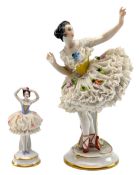 TWO GERMAN VOLKSTEDT LACE PORCELAIN BALLERINA FIGURINES WITH FLOWER ENCRUSTED SKIRTS