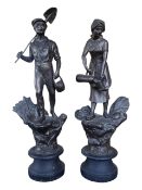 PAIR OF FRENCH SPELTER AGRICULTURAL FIGURES ON WOODEN PLINTH BASES