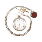 925 SILVER POCKET WATCH & ALBERT CHAIN WITH AGATE PENDANT