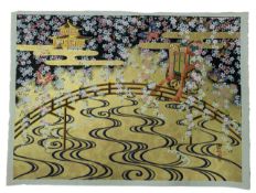JAPANESE SERIGRAPH POSTER DEPICTING PAGODA, BLOSSOM AND LAKE SCENE