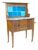 EDWARDIAN OAK ARTS & CRAFTS MARBLE AND TILE TOP OAK WASHSTAND CABINET