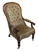 19TH CENTURY VICTORIAN MAHOGANY BUTTON BACK LIBRARY CHAIR