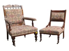 TWO VICTORIAN LADIES & GENTLEMANS MAHOGANY ARM CHAIRS
