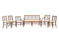 LATE 19TH CENTURY ARTS & CRAFTS OAK HALL BENCH W/ MATCHING CHAIRS