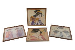 FOUR LATE 20TH CENTURY JAPANESE GEISHA LADY EMBROIDERED PRINTS