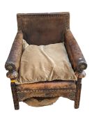 LATE 19TH CENTURY VICTORIAN OAK & LEATHER EASY CLUB ARMCHAIR