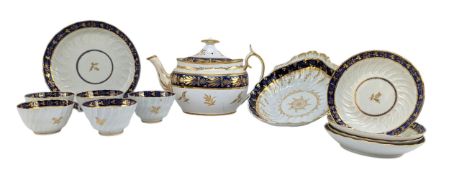 ASSORTMENT OF EARLY WORCESTER COBALT BLUE AND GILT PORCELAIN PART TEA SET