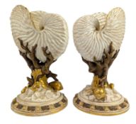 PAIR OF EARLY 20TH CENTURY ROYAL WORCESTER IVORY PORCELAIN NAUTILUS CENTREPIECES