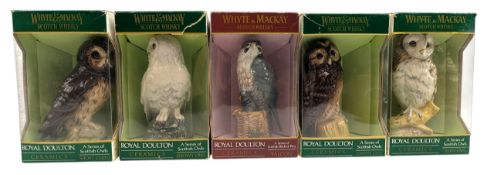 FIVE WHYTE & MACKAY SCOTCH WHISKY CERAMIC OWL DECANTERS