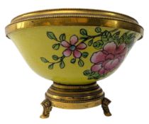 QING DYNASTY XIANFENG ORMOLU MOUNTED YELLOW GROUND INCISED & ENAMELED FLORAL BOWL