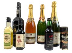 COLLECTION OF VINTAGE 192 PORT, FRENCH CHAMPAGNE & MINIATURE WINES & WHISKY BOTTLES (8)