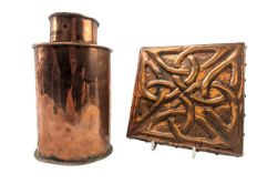 ARTS & CRAFTS HAMMERED COPPER TEA CADDY ON CELTIC CROSS HAMMERED TILE STAND