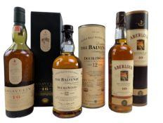 THREE AGED SINGLE MALT SCOTCH WHISKY BOTTLES IN BOXES, LAGAVULIN, BALVENIE & ABERLOUR