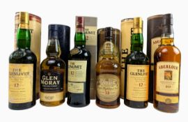 SIX AGED SINGLE MALT SCOTCH WHISKIES IN BOXES, GLENLIVET, ABERLOUR, GLEN MORAY & MORE