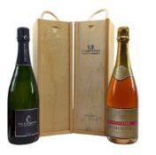 TWO FRENCH CHAMPAGNE WINE BOTTLES IN WOODEN CASES