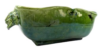 C. H. BRANNAM, BARNSTAPLE - BARUM WARE GREEN GLAZE GROTESQUE HANDLED PLANTER POT