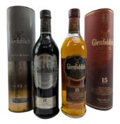 TWO GLENFIDDICH AGES 12 AND 15 YEARS SINGLE MALT SCOTCH WISHKY BOTTLES (2)