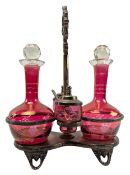 19TH CENTURY SILVER-PLATED TWIN CRANBERRY GLASS CRUET SET