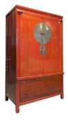 CHINESE RED ELM WOOD LACQUERED WEDDING CUPBOARD ARMOIRE