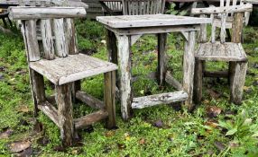 SMALL SQUARED WOODEN PUB GARDEN TABLE WITH A PAIR OF DRIFTWOOD-STYLE CHAIRS