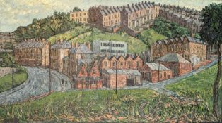 GERALD A. CAINS (B. 1932) - TOTTERDOWN - 20TH CENTURY OIL ON BOARD LANDSCAPE PAINTING